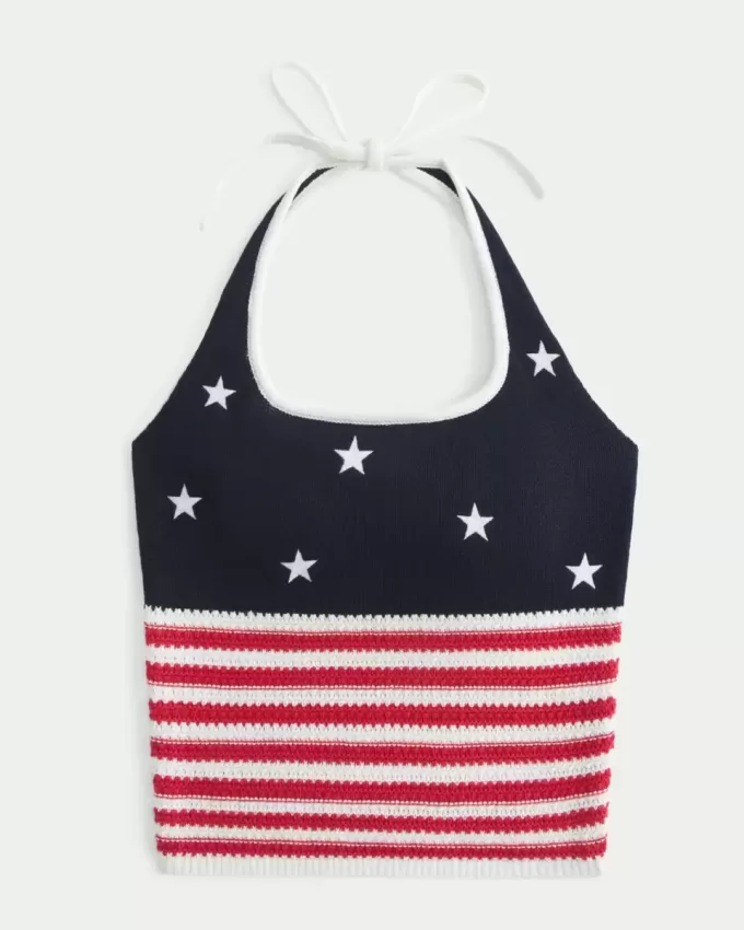 American Flag Pattern Crochet-Style Halter Top