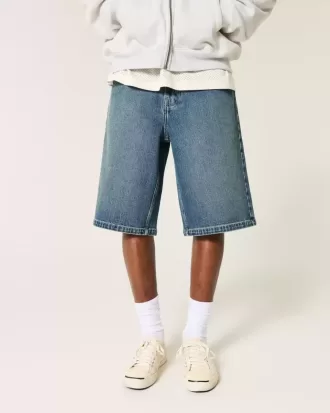 Below-the-Knee Dark Wash Super Baggy Denim Shorts