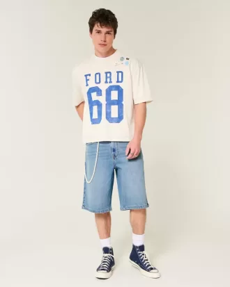 Below-the-Knee Medium Wash Super Baggy Denim Shorts