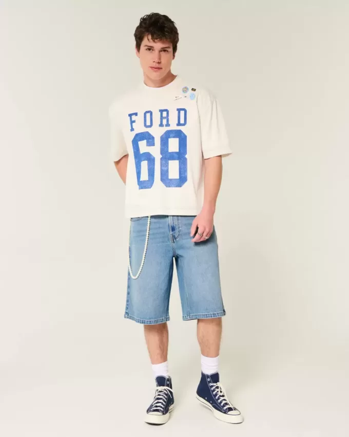 Below-the-Knee Medium Wash Super Baggy Denim Shorts