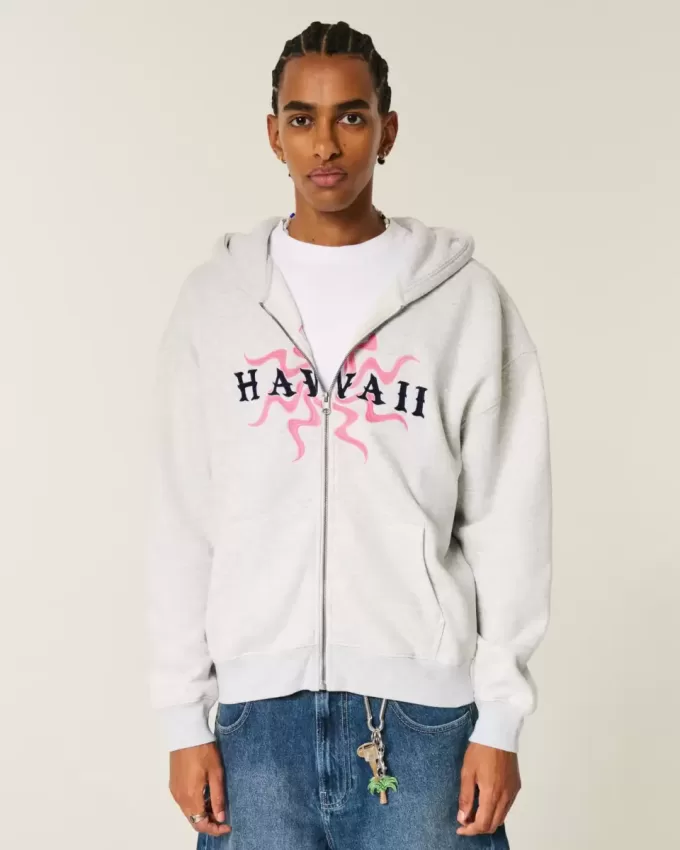 Boxy Hawaii Graphic Zip-Up Hoodie