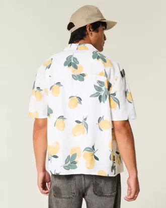 Boxy Linen-Blend Lemon Pattern Shirt