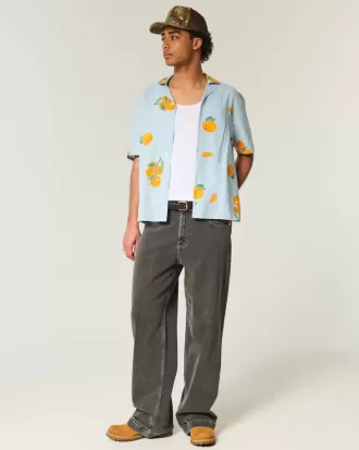 Boxy Linen-Blend Orange Pattern Shirt