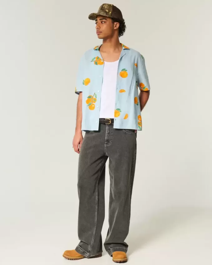 Boxy Linen-Blend Orange Pattern Shirt Boxy Linen-Blend Orange Pattern Shirt