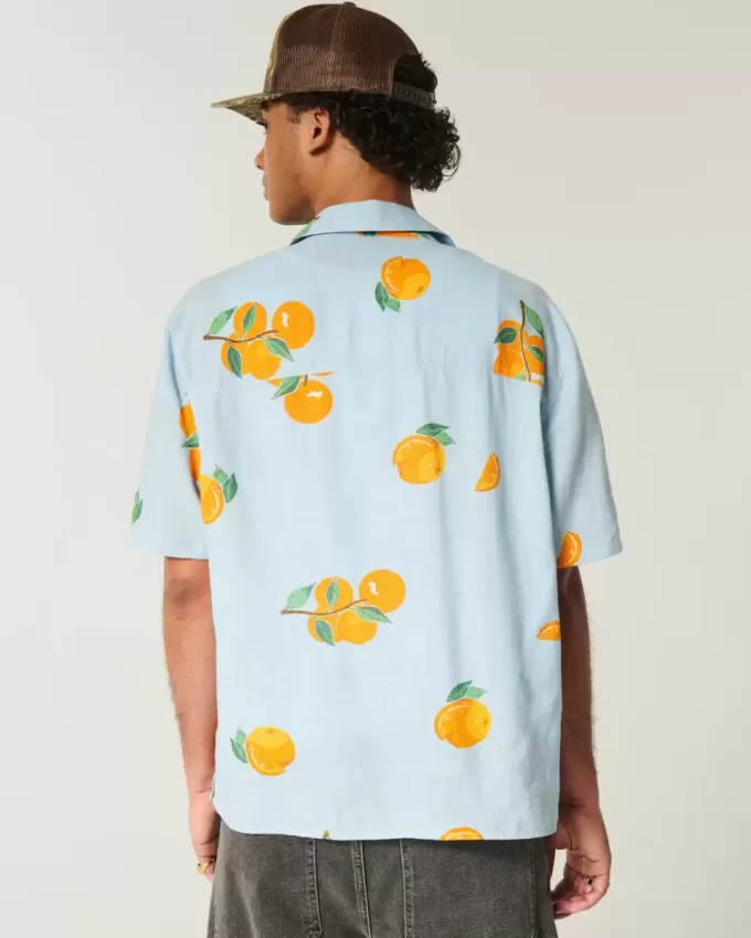 Boxy Linen-Blend Orange Pattern Shirt Boxy Linen-Blend Orange Pattern Shirt