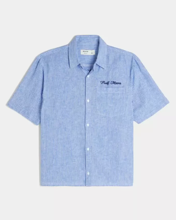 Boxy Linen-Blend Short-Sleeve Half Moon Graphic Shirt