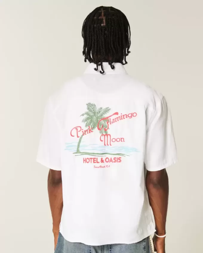 Boxy Linen-Blend Short-Sleeve Pink Flamingo Moon Graphic Shirt