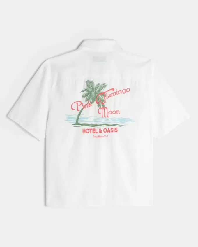 Boxy Linen-Blend Short-Sleeve Pink Flamingo Moon Graphic Shirt