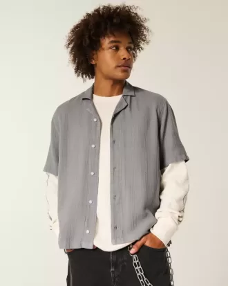 Boxy Linen-Blend Short-Sleeve Textured Shirt