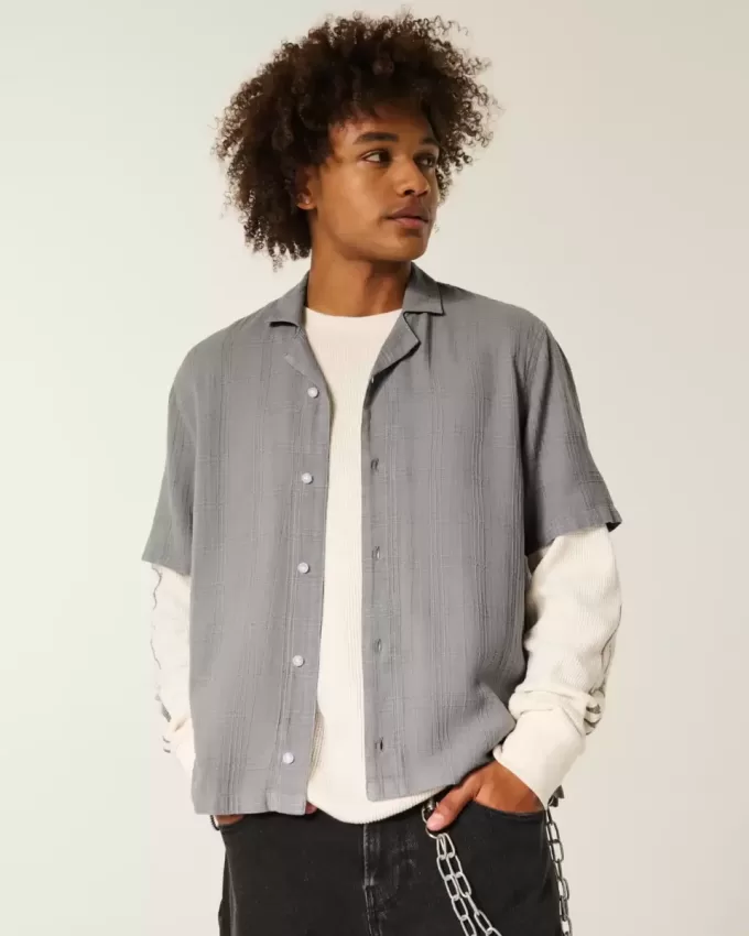 Boxy Linen-Blend Short-Sleeve Textured Shirt Boxy Linen-Blend Short-Sleeve Textured Shirt