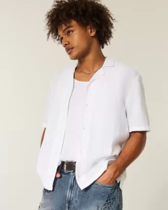 Boxy Linen-Blend Short-Sleeve Textured Shirt