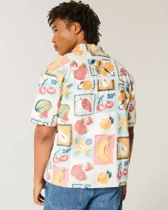 Boxy Linen-Blend Stamp Pattern Shirt