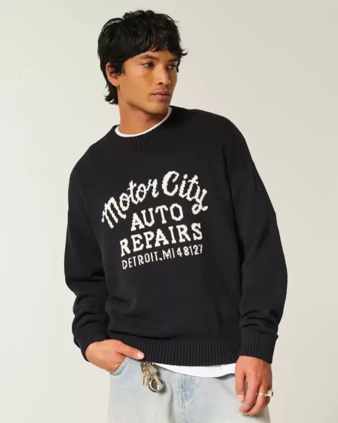 Boxy Motor City Auto Repairs Graphic Crew Sweater Boxy Motor City Auto Repairs Graphic Crew Sweater