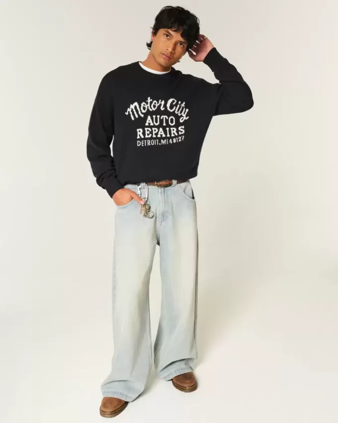 Boxy Motor City Auto Repairs Graphic Crew Sweater Boxy Motor City Auto Repairs Graphic Crew Sweater