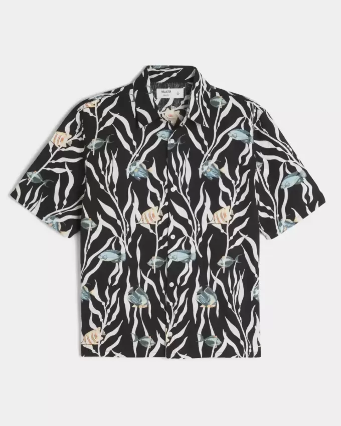 Boxy Tropical Fish Pattern Linen-Blend Shirt Boxy Tropical Fish Pattern Linen-Blend Shirt