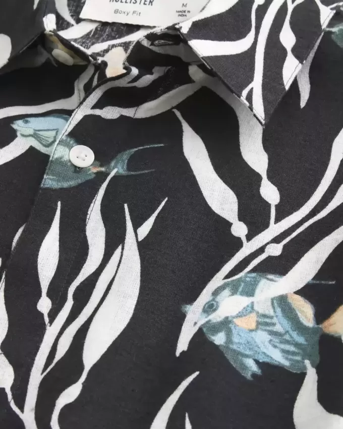 Boxy Tropical Fish Pattern Linen-Blend Shirt Boxy Tropical Fish Pattern Linen-Blend Shirt