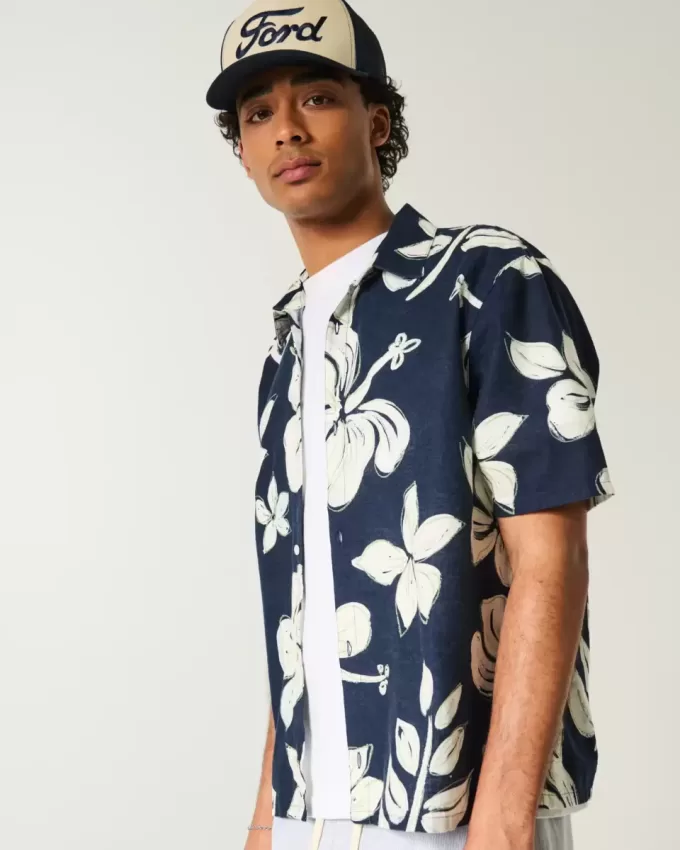 Boxy Tropical Pattern Linen-Blend Shirt Boxy Tropical Pattern Linen-Blend Shirt