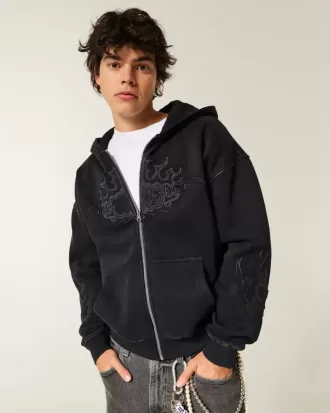 Boxy Zip-Up Flame Graphic Hoodie Boxy Zip-Up Flame Graphic Hoodie