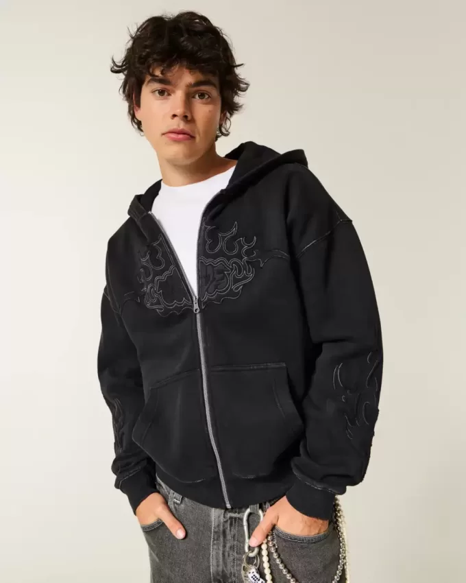 Boxy Zip-Up Flame Graphic Hoodie Boxy Zip-Up Flame Graphic Hoodie