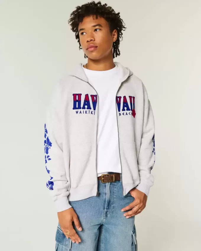 Boxy Zip-Up Hawaii Graphic Sweatshirt Boxy Zip-Up Hawaii Graphic Sweatshirt