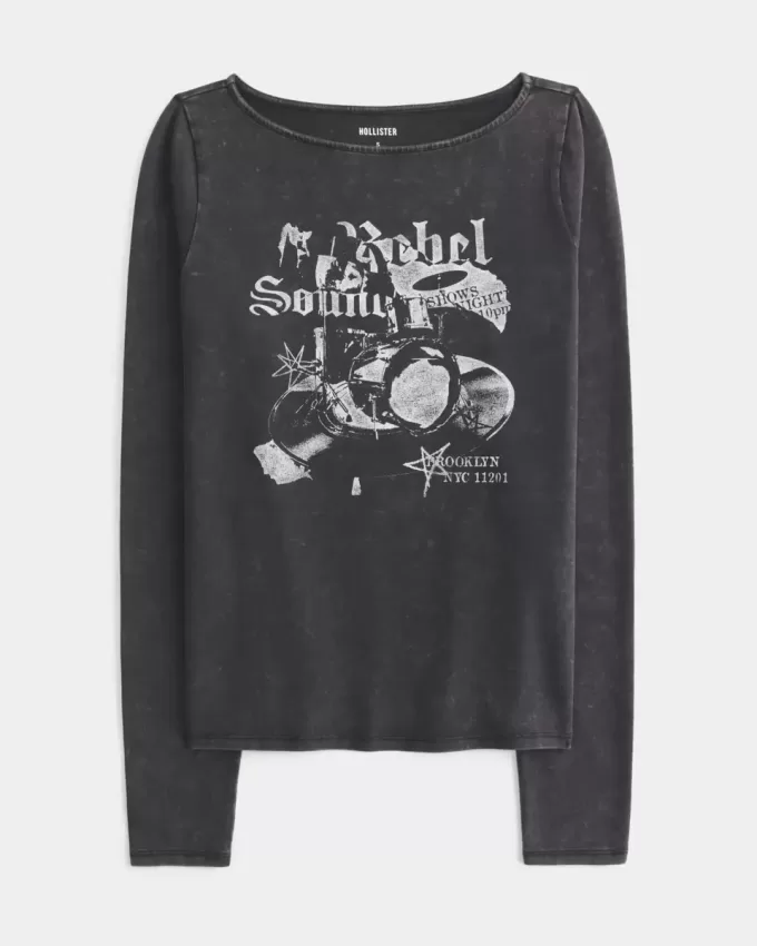 Brooklyn Music Graphic Slash-Neck Top