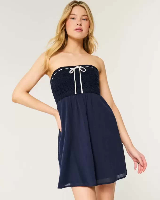 Crochet-Style Mix Strapless Mini Dress Crochet-Style Mix Strapless Mini Dress