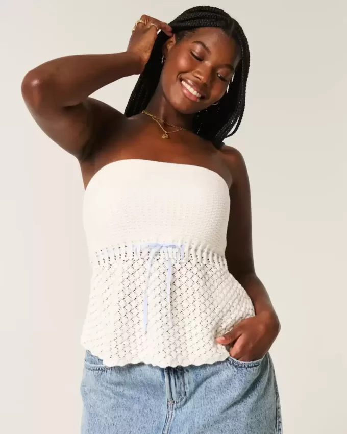 Crochet-Style Strapless Sweater Tube Top
