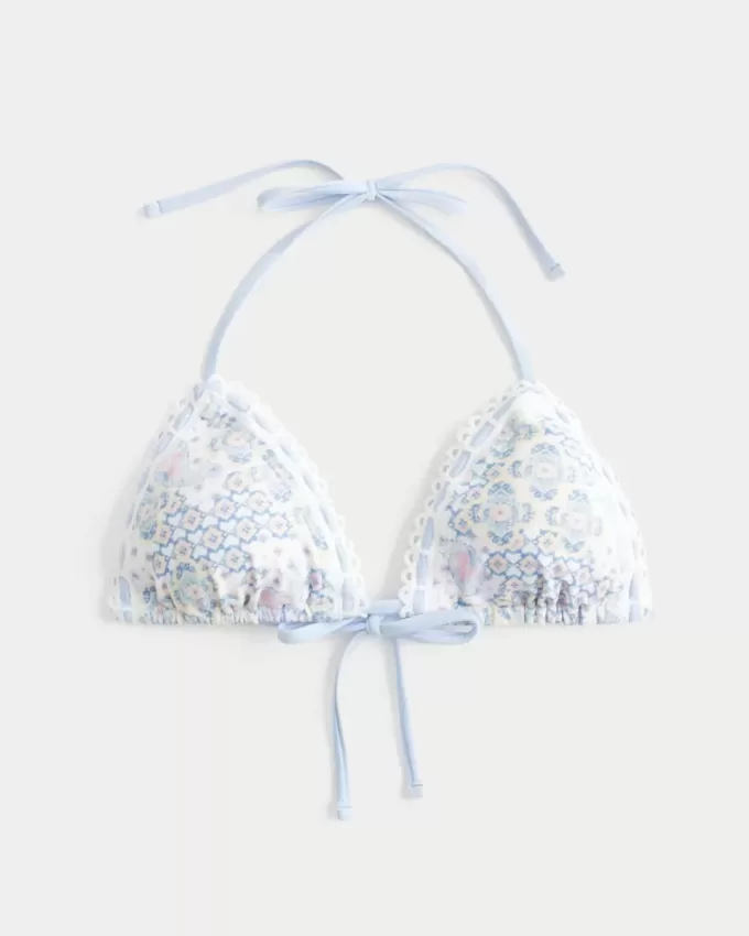 Crochet-Style Trim Halter Triangle Bikini Top