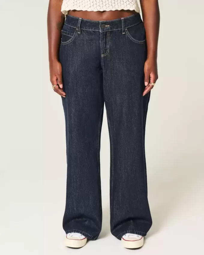 Curvy Low-Rise Dark Wash Foldover Waist Baggy Jeans