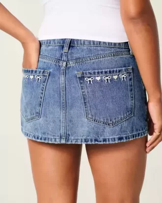 Curvy Low-Rise Embroidered Bow Denim Mini Skort