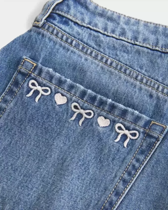 Curvy Low-Rise Embroidered Bow Denim Mini Skort