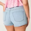 Curvy Low-Rise Light Wash Floral Embroidered Denim Shortie Shorts Curvy Low-Rise Light Wash Floral Embroidered Denim Shortie Shorts