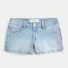 Curvy Low-Rise Light Wash Floral Embroidered Denim Shortie Shorts Curvy Low-Rise Light Wash Floral Embroidered Denim Shortie Shorts