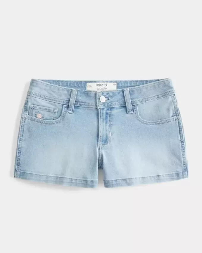 Curvy Low-Rise Light Wash Floral Embroidered Denim Shortie Shorts Curvy Low-Rise Light Wash Floral Embroidered Denim Shortie Shorts