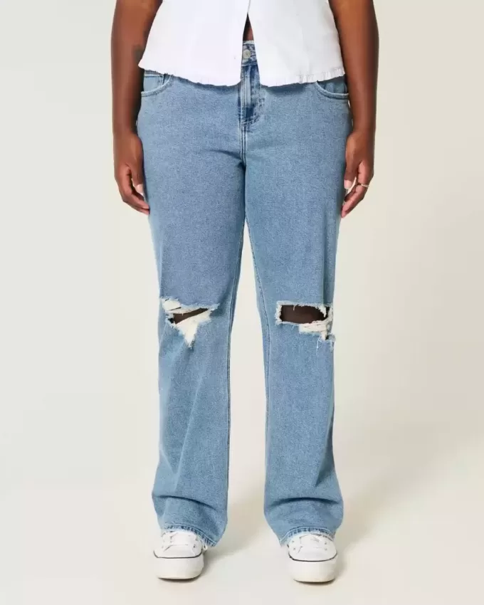 Curvy Low-Rise Ripped Medium Wash Relaxed Straight Jeans Curvy Low-Rise Ripped Medium Wash Relaxed Straight Jeans