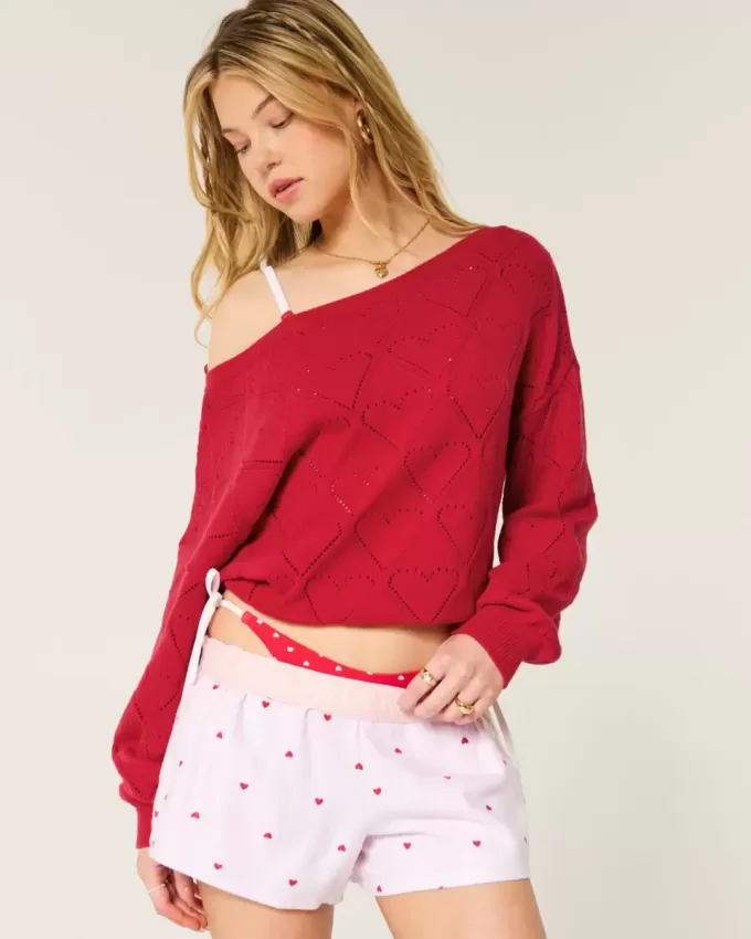 Easy Heart Pattern Off-the-Shoulder Sweater Easy Heart Pattern Off-the-Shoulder Sweater