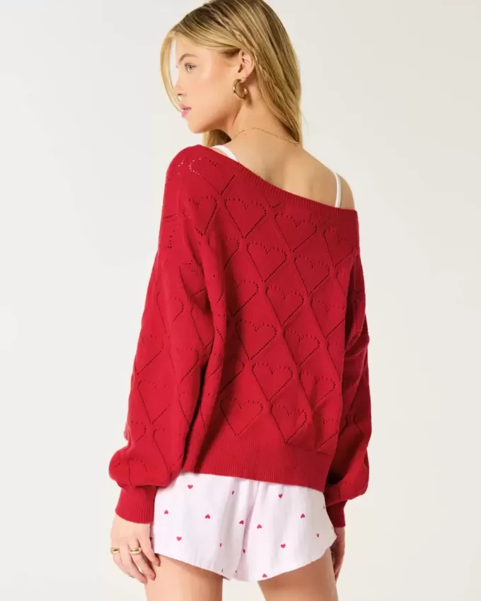 Easy Heart Pattern Off-the-Shoulder Sweater Easy Heart Pattern Off-the-Shoulder Sweater