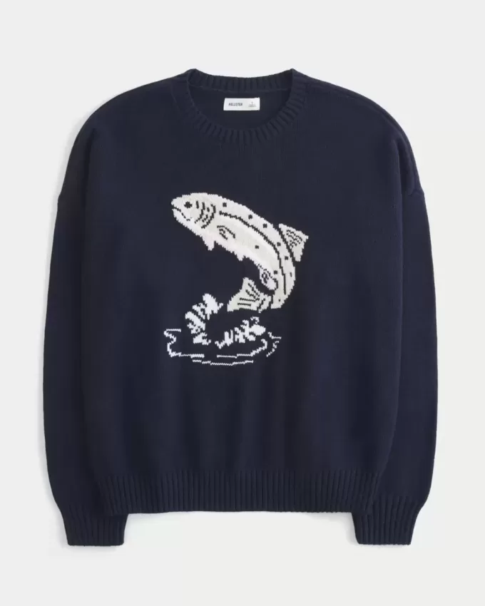 Easy Jumping Fish Graphic Crew Sweater
