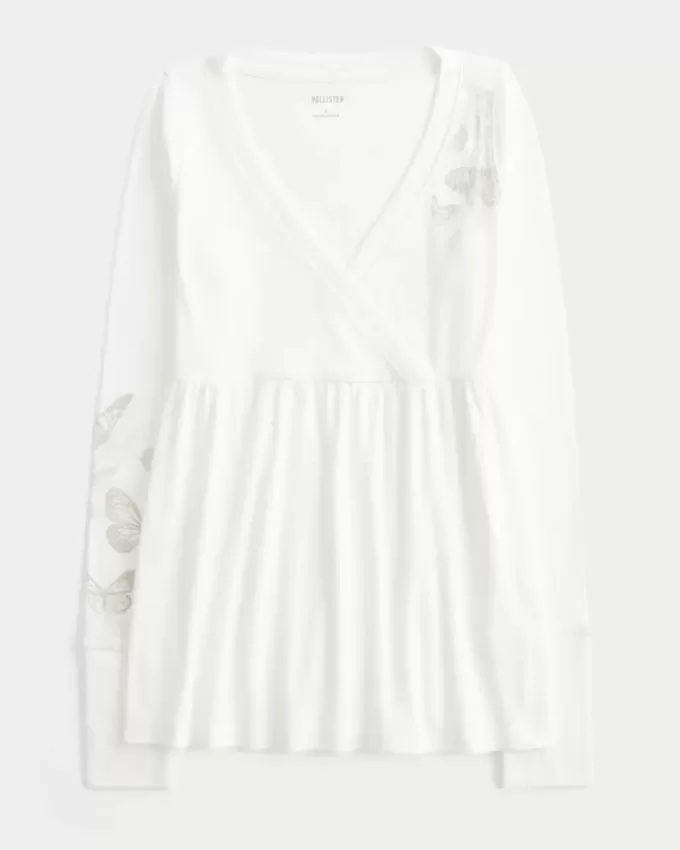 Easy Long-Sleeve Butterfly Pattern Babydoll Top Easy Long-Sleeve Butterfly Pattern Babydoll Top
