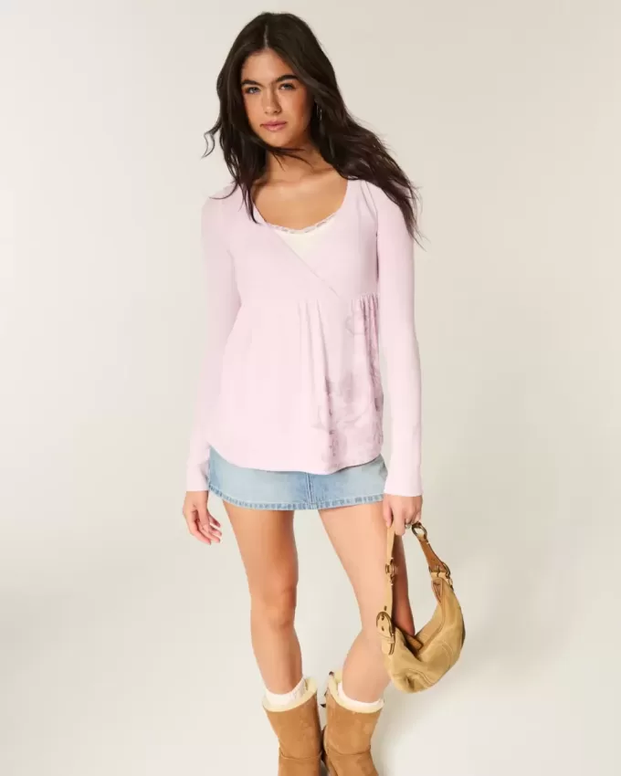 Easy Long-Sleeve Floral Pattern Babydoll Top Easy Long-Sleeve Floral Pattern Babydoll Top