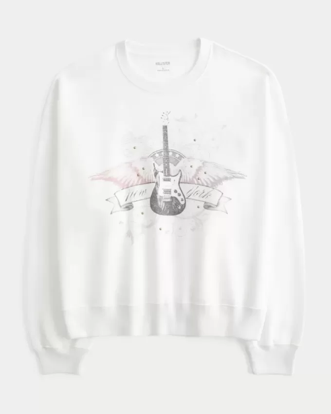 Easy New York Guitar Studded Graphic Crew Sweatshirt