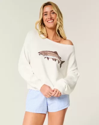 Easy Off-the-Shoulder Fish Graphic Sweater
