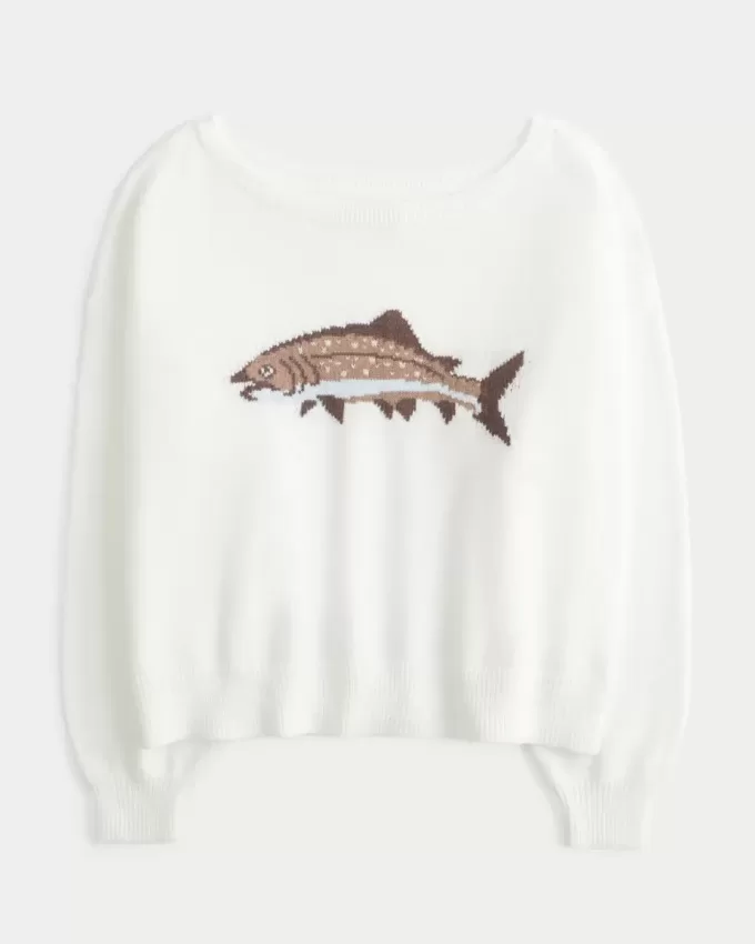 Easy Off-the-Shoulder Fish Graphic Sweater