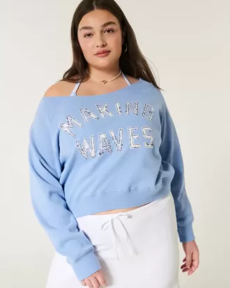 Easy Off-the-Shoulder Making Waves Graphic Crew Sweatshirt