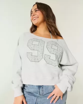 Easy Off-the-Shoulder Number Graphic Crew Sweatshirt