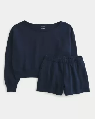 Easy Off-the-Shoulder Sweatshirt & Fleece Shorts Set