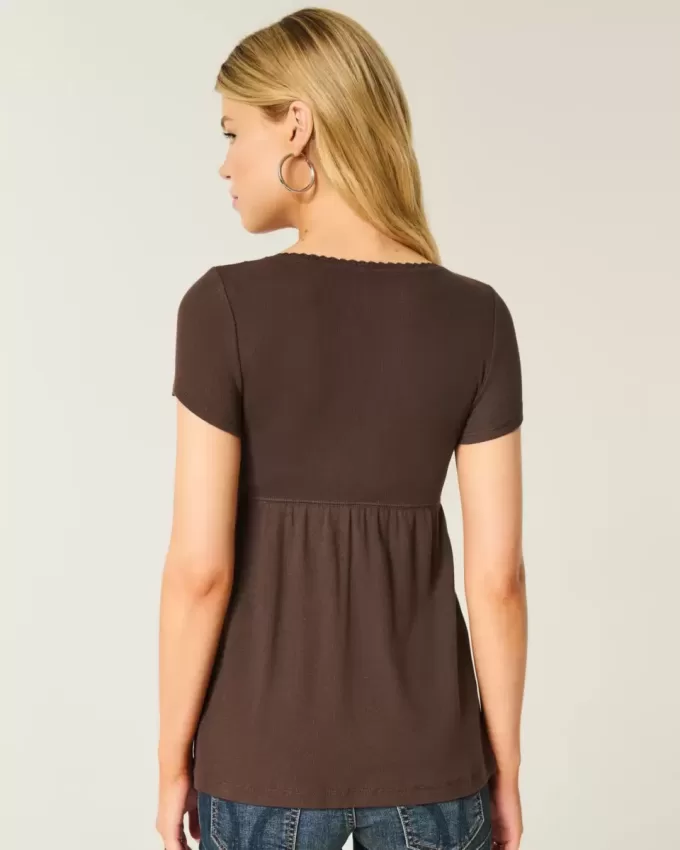 Easy Short-Sleeve Lace Trim Babydoll Top