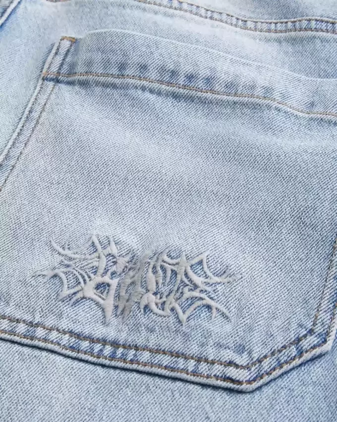 Embroidered Light Wash Skater Baggy Jeans Embroidered Light Wash Skater Baggy Jeans