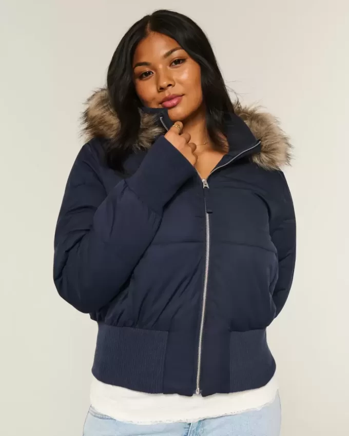Faux Fur Trim Puffer Bomber Jacket Faux Fur Trim Puffer Bomber Jacket