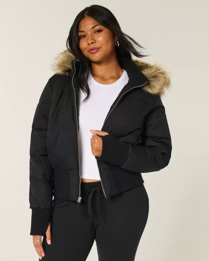 Faux Fur Trim Puffer Bomber Jacket Faux Fur Trim Puffer Bomber Jacket